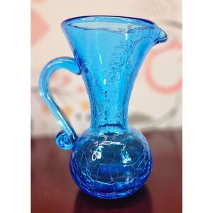 Vtg Rainbow W. Virginia Hand Blown Blue Crackle Art Glass Mini Pitcher Ewer 4.5"
